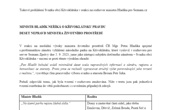 Tiskové prohlášení Svazku obcí Křivoklátska v reakci na rozhovor ministra Hladíka